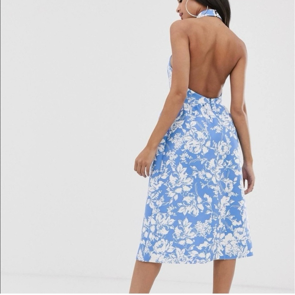 NWT ASOS Design Blue & White Floral Halter Midi Skater Fit & Flare Dress size 0 - Picture 3 of 10